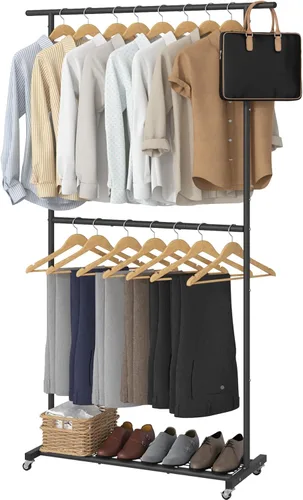 Sywhitta Perchero de ropa de doble varilla, colgador de abrigos rodante con malla inferior, perchero para colgar ropa, abrigos, faldas, suéteres,