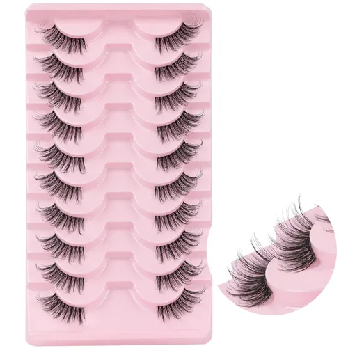 Miniatura 10 de Ahrikiss Mitad pestañas de aspecto natural, 10 pares de pestañas postizas 3D esponjosas con banda transparente, medias pestañas cortas suaves (TB10)