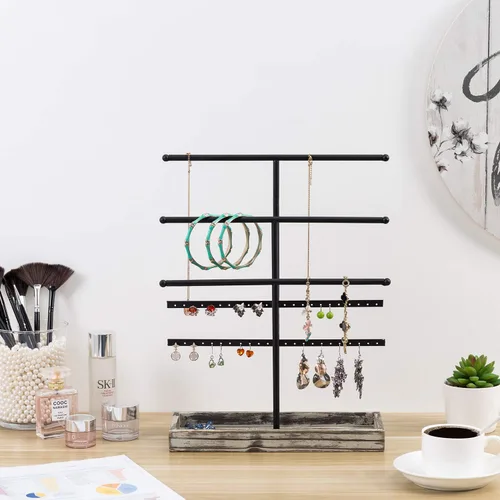 Miniatura 2 de MyGift - Estante organizador de joyería de metal negro de 3 niveles con collar y barras en T perchas para pendientes y bandeja de madera para anillos