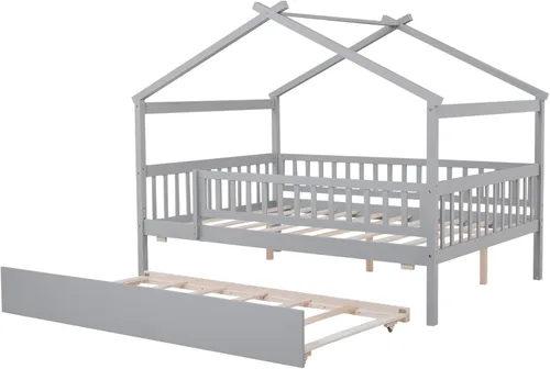 Miniatura 6 de Cama de casa con nido y valla, camas de tamaño matrimonial estilo Montessori con barandillas, marco de cama de madera para niños, cama de plataforma