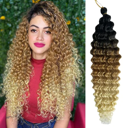 Miniatura 10 de Pelo ondulado de ganchillo de 18 pulgadas, cabello rizado trenzado, 3 paquetes de cabello trenzado de onda profunda para diosa, trenzas sin nudos