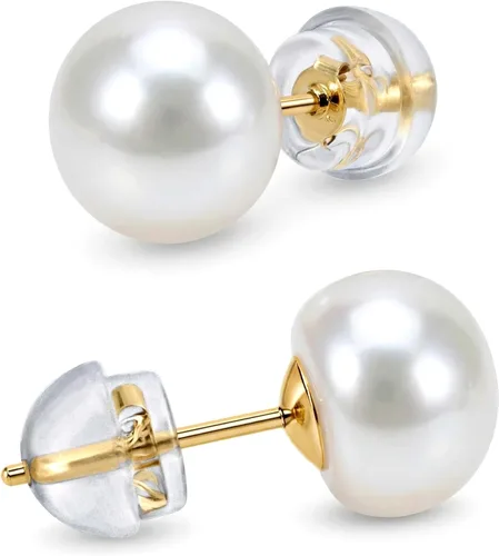 Miniatura 7 de KEZEF Aretes de perlas para mujer, oro real de 14 quilates, perlas cultivadas de agua dulce con mariposa dorso de oro de 14 quilates con silicona