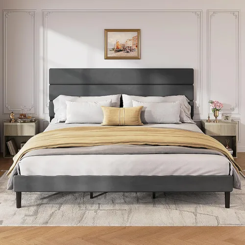 Miniatura 12 de WLIVE Base de cama tapizada, marcos de cama individual con cabecero, cama de plataforma con listones de madera, base de colchón de 600 libras,