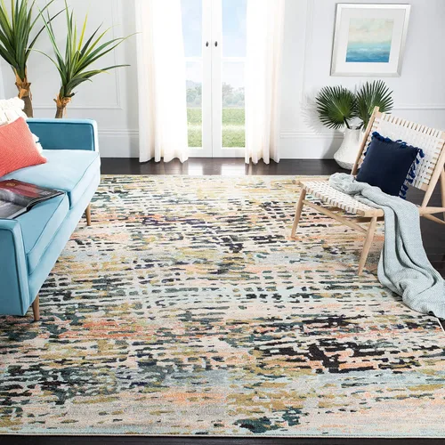 SAFAVIEH Madison Collection - Alfombra decorativa de 3 x 5 pies, color beige y azul marino, diseño abstracto moderno, no desprende pelusa y de fácil