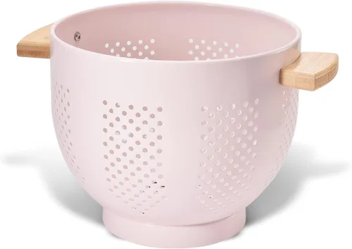 Miniatura 14 de Colador de metal con mango de madera y base estable, cesta coladora de cocina de acero con recubrimiento en polvo para escurrir pasta, verduras