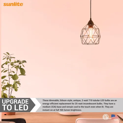 Miniatura 4 de Sunlite 80610 - Bombilla tubular de filamento LED T10, 2 vatios (equivalente a 25 W), 160 lúmenes, base E26, regulable, 4.961 in, 1 paquete de 2200