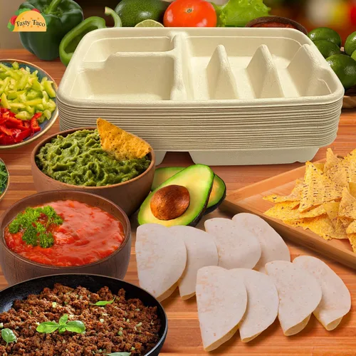 Miniatura 6 de Platos de taco de 3 y 2 lados, platos de papel desechables con divisores - Paquete de 25 Bandeja de tacos para fiesta, soporte de tacos