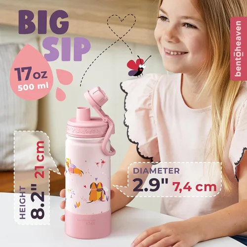 Miniatura 4 de Bentoheaven Botella de agua para niños de acero inoxidable para niños y niñas, 2 tapas (pico y pajita), asa y bota de silicona, vaso aislado