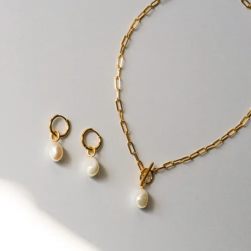 Miniatura 8 de Collar de palanca de oro de perlas de agua dulce blanca de 18 pulgadas Cadena de clip de papel con dije de perla barroca