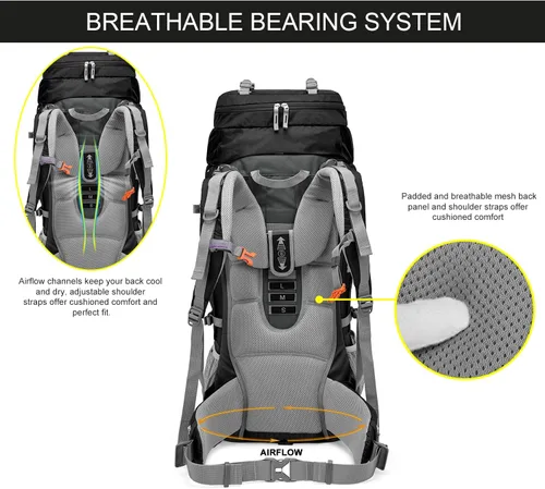 Miniatura 3 de MOUNTAINTOP Mochila de marco interno de 80L para hombre y mujer Mochila de senderismo con cubierta de lluvia Negro-80L