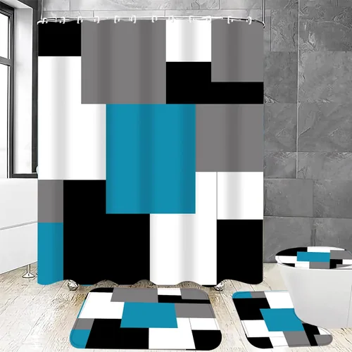 Miniatura 6 de Juego de 4 cortinas de ducha de gato con alfombras antideslizantes, cubierta para tapa de inodoro y tapete de baño, diseño de castillo rosa