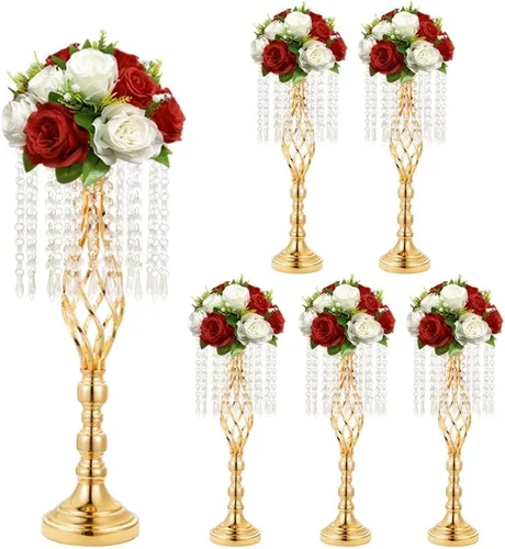 6 piezas 21.65 pulgadas Jarrones de flores dorados para boda, jarrones de metal con cristal para centros de mesa, jarrones de boda para decorar mesas