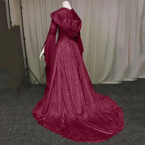 Miniatura 4 de SHOPESSA - Vestido gótico con capucha medieval, vestido renacentista, manga con volantes, estilo victoriano, con corsé, rojo