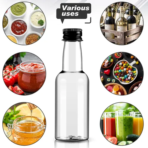 Miniatura 7 de Tessco 100 Piezas Mini Botellas de Licor de Plástico Mini Botella de Aderezo para Ensalada Navidad Pequeños Chupitos Soportes de Alcohol con Tapa