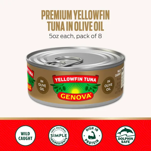 Miniatura 2 de Genova Atún de aleta amarilla premium en aceite de oliva, latas de 5 onzas, paquete de 8 – Atún enlatado rico en nutrientes y alto contenido