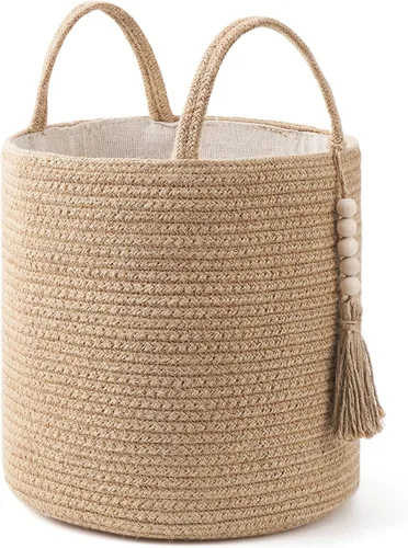 Mkono - Canasta de almacenamiento tejida, canasta decorativa de cuerda natural con cuentas de madera para mantas, juguetes, ropa, zapatos y plantas,