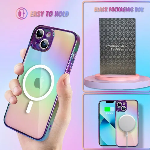 Miniatura 2 de Bonoma Funda magnética para iPhone 13 【Soporte para Magsafe】Protector de cámara de lujo de cristal fluorescente iridiscente con láser brillante + 2