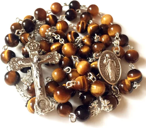 Miniatura 2 de elegantmedical HECHO A MANO Ojo De Tigre Rosario Cuentas Italia Cruz Cruz CRUCIFIJO CATÓLICO COLLAR CAJA DE REGALO, Metal