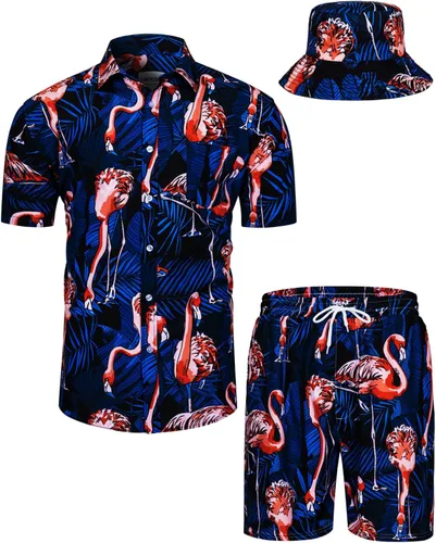 Miniatura 86 de TUNEVUSE Conjunto de camisas y pantalones cortos hawaianos para hombre, 2 piezas, trajes de playa con estampado de flores, traje tropical de verano