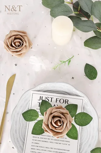 Miniatura 527 de N&T NIETING Flores artificiales, rosas artificiales de color rosa intenso, 50 piezas de flores falsas con tallo para ramos de boda DIY, centros