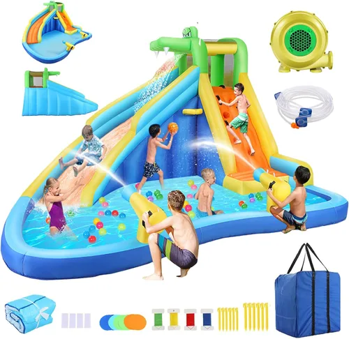 AKEYDIY Tobogán acuático de cocodrilo para casa de rebote, tobogán acuático inflable para niños de 3 a 12 años, toboganes acuáticos inflables con