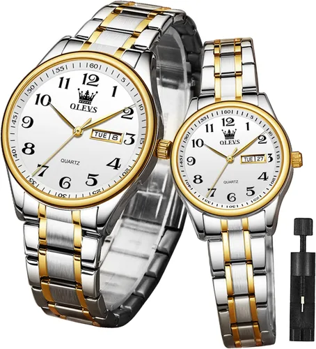 Miniatura 40 de OLEVS Juego de 2 relojes de cuarzo para parejas de San Valentín, calendario luminoso, ventana de fecha, 3 ATM, impermeable, casual, acero