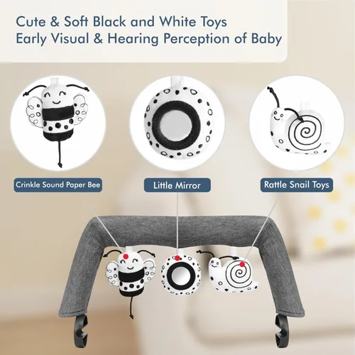 Miniatura 3 de iGRATENS Baby Bjorn - Barra de juguetes para gorila de bebé, suave con 3 juguetes sensoriales lindos, fácil de colocar y quitar, agradable a
