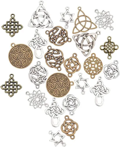 Miniatura 10 de SUNNYCLUE 60 piezas de dijes de conexión de nudo celta, plata antigua, irlandesa, flor wicca, buena suerte, triángulo, corazón, amor, nudos