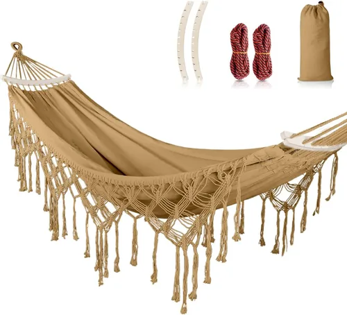 Miniatura 8 de MOSFiATA Hamaca para patio trasero con borlas de un máximo de 500 libras, tela de lona estilo bohemio con cuerda gruesa y bolsa de transporte