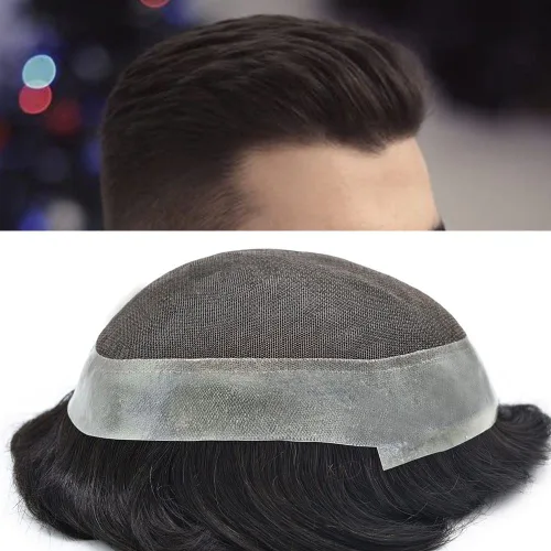Tupé para hombre, cabello humano real, suave encaje suizo frontal, tupé para hombres, cabello ondulado, línea capilar natural, sistema de reemplazo