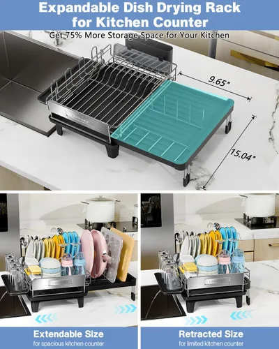 Miniatura 2 de Escurridor de platos expandible para encimera de cocina, acero inoxidable 304, placa retráctil abatible, ajustable multidireccional, estante