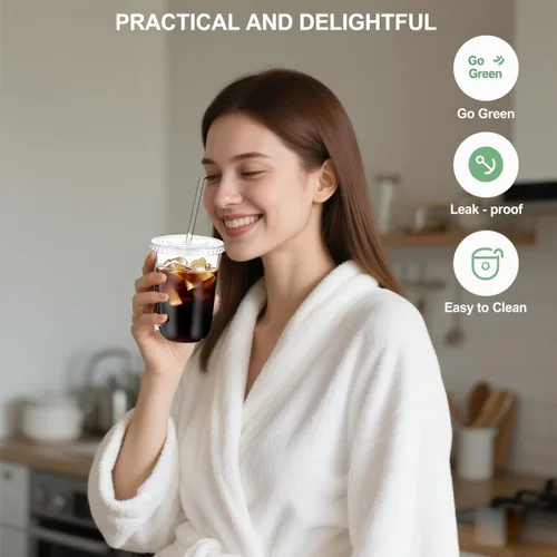 Miniatura 6 de 100 juegos de vasos de plástico desechables de 16 onzas sin tallo con tapas para sorber sin pajilla, tazas de café PET transparentes para café
