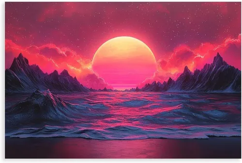 Retro Futurism Wall Art – Vibrant Sci-Fi Landscape Canvas Print – Synthwave Aesthetic Poster for Living Room Bedroom Decor Canvas Posters Wall Art