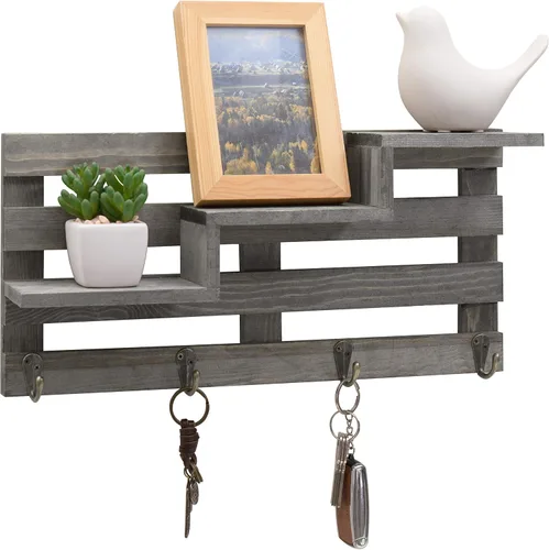 MyGift Soporte para llaves de entrada de madera gris vintage montado en la pared y decoración de pared con estante de exhibición de escalera de 3