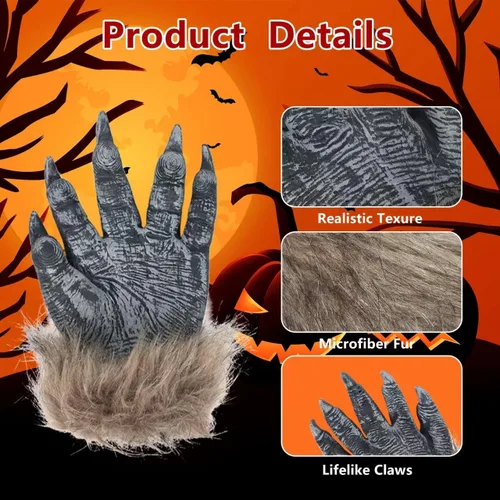 Miniatura 3 de Manos de hombre lobo de Halloween, garras de hombre lobo G-loves, látex lobo G-ama manos peludas aterradoras para fiesta de hombre lobo, accesorios
