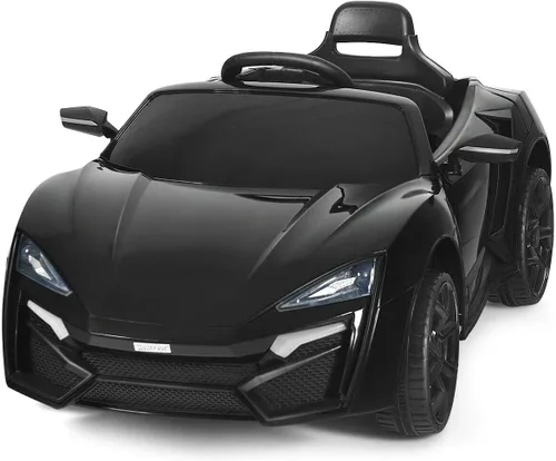HONEY JOY - Automóvil de paseo con batería de 12 V, vehículo eléctrico con control remoto, 3 velocidades, luces LED, bocina, música, MP3, USB, Negro