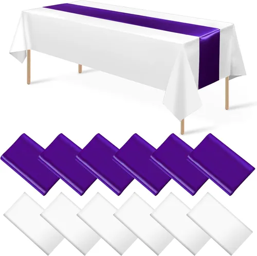 Miniatura 10 de Juego de 12 manteles de satén de 12 x 108 pulgadas y manteles de plástico de 54 x 108 pulgadas, manteles rectangulares desechables en negro y azul