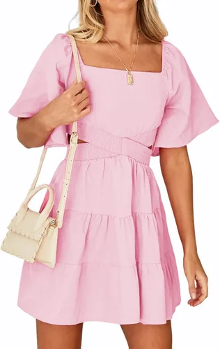Miniatura 3 de Shy Velvet - Vestido de verano para mujeres, cuello cuadrado, mangas cortas, cintura cruzada, mini vestido de fiesta casual