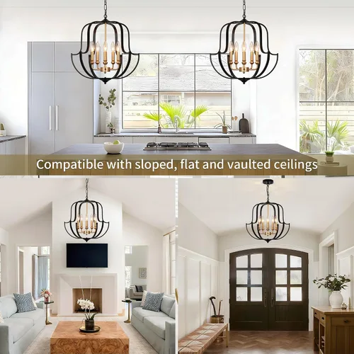 Miniatura 5 de Lámpara de araña negra y dorada de 19" para comedor, lámparas de araña rústicas de granja de 5 luces, luz colgante industrial moderna para cocina