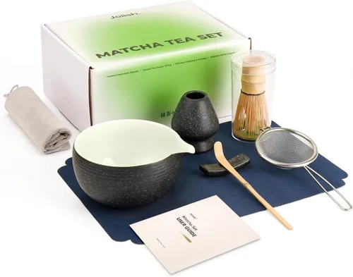 Miniatura 10 de Joiish Juego de batidor de matcha, kit de matcha de 10 piezas, batidor de bambú y cuenco de cerámica con boquilla y cuchara medidora y taza, Verde