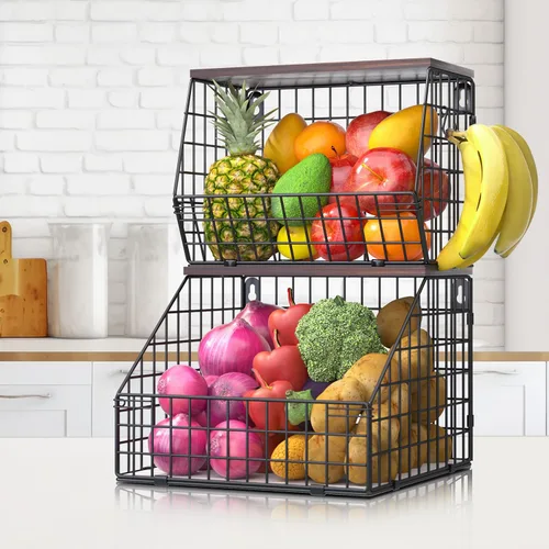 Miniatura 8 de Almacenamiento de frutas y verduras, 2 juegos de cestas de alambre montadas en la pared, cesta de frutas para encimera de cocina, cesta de frutas