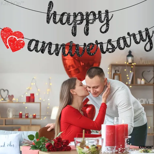 Miniatura 9 de KatchOn, Cartel de feliz aniversario con purpurina negra, 10 pies, sin bricolaje, decoraciones románticas de feliz aniversario, decoraciones