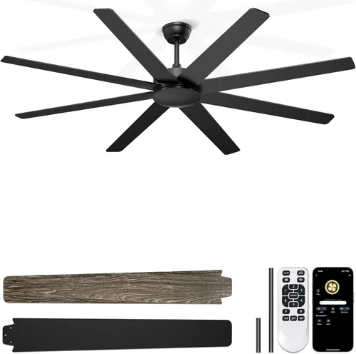 Ventiladores de techo grandes de 72'' sin luces, ventilador de techo negro moderno con control remoto/APP, ventilador de techo grande y silencioso