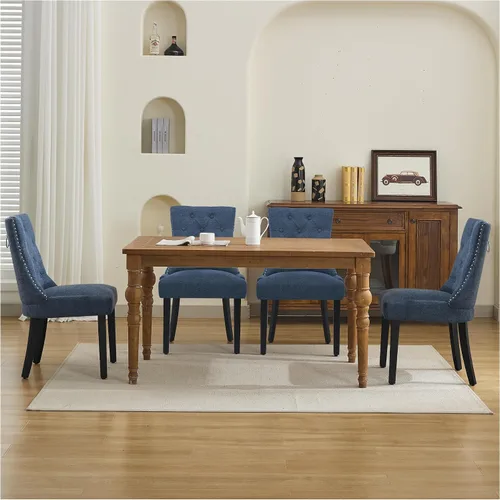 Miniatura 5 de Juego de 4 sillas de comedor tapizadas y capitonadas, sillas de tela para el costado del comedor con borde de anillo de clavos, patas de madera Azul
