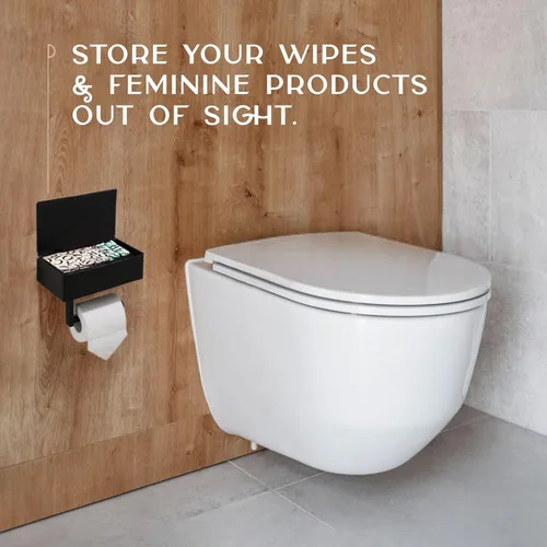 Miniatura 7 de Day Moon™ Soporte de papel higiénico negro mate con estante, soporte de toallitas para baño, dispensador de toallitas desechables, soporte