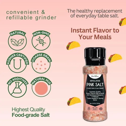 Miniatura 6 de HERBION Naturals - Molinillo de sal rosa del Himalaya de grano grueso, 100% puro con 84 minerales para condimentos, recargable, sal totalmente