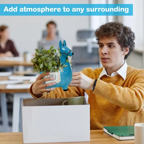 Miniatura 6 de Maceta de llama de cerámica para plantas suculentas, bonita decoración de alpaca para el hogar, oficina, 8 1/2 pulgadas de alto con agujeros de Azul
