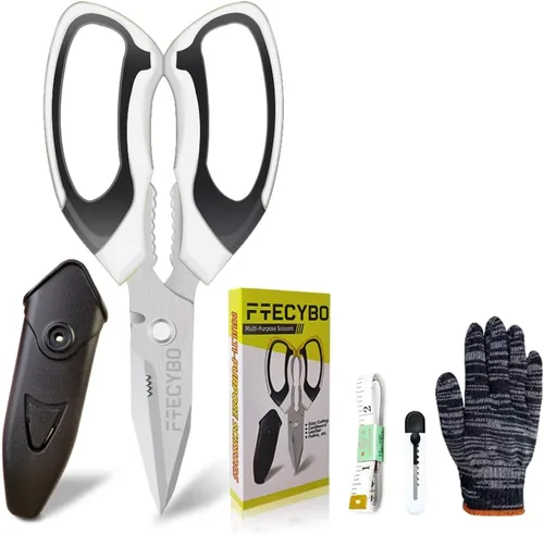 Miniatura 9 de Tijeras resistentes de 8'' de usos múltiples con cubierta protectora, hojas serradas de acero inoxidable, corte fácil de cartón, cuero, tela, cables