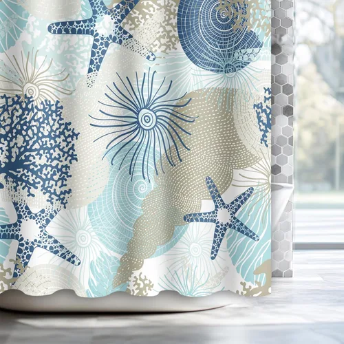 Miniatura 7 de Cortina de ducha azul océano, juego de cortina de ducha náutica costera de coral con estrellas de mar, para baño, tema náutico marino oceánico, mar