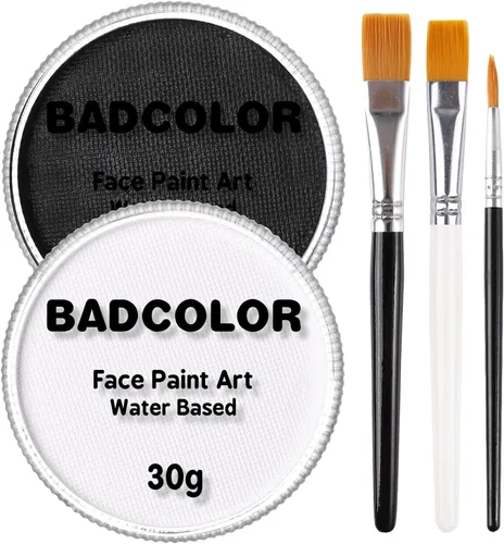 Pintura corporal y facial negra y blanca de payaso con 3 pinceles de pintura, paleta de maquillaje SFX a base de agua para niños y adultos, pintura